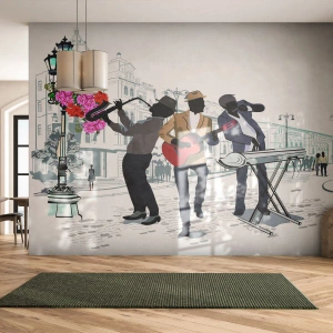 Papier Peint Photo Premium Sand - Un groupe urbain jouant dans la rue avec des graphismes modernes - 100x70cm - Musique de rue - Décoration murale moderne pour le salon et la chambre ARTTOR