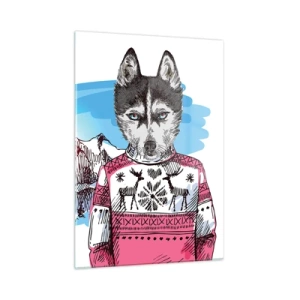 Impression sur verre - Image sur verre - Husky en pull avec des montagnes en arrière-plan - 50x70cm - Un loup en laine de mouton - Décoration murale moderne pour le salon et la chambre ARTTOR