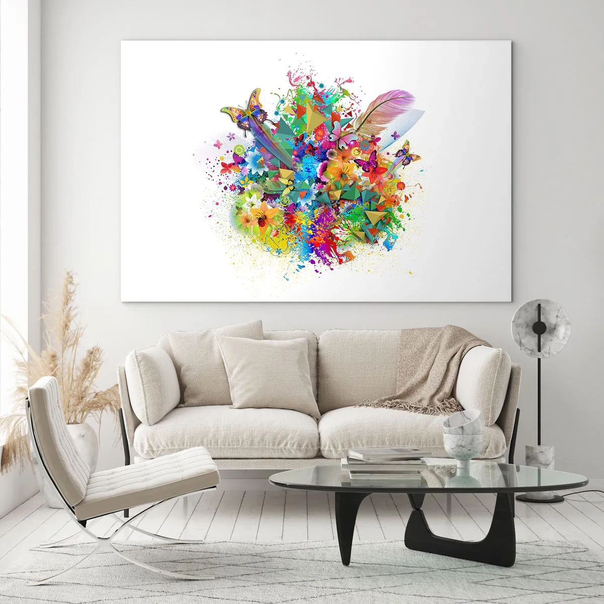 Impression sur verre - Image sur verre - Abstraction colorée avec des papillons, des fleurs et des plumes sur fond blanc - 100x70cm - Un bouquet de joie - Décoration murale moderne pour le salon et la chambre ARTTOR