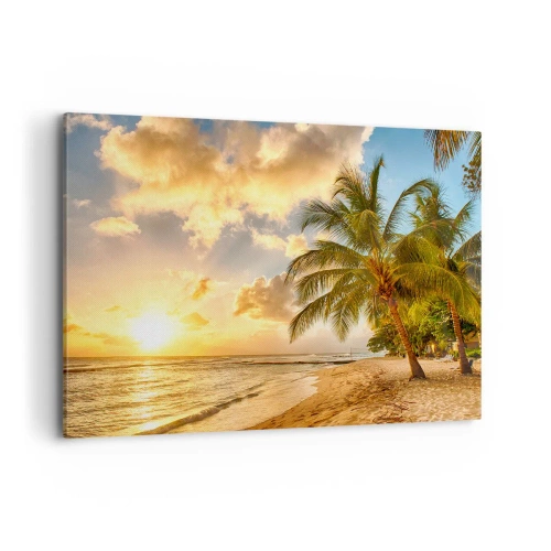 Impression sur toile - Image sur toile - Plage avec palmiers et coucher de soleil sur l'océan - 120x80cm - Été éternel, toujours des vacances - Décoration murale moderne pour le salon et la chambre ARTTOR