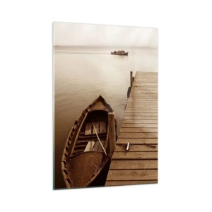 Impression sur verre - Image sur verre - Un bateau sur un quai sur un lac calme en sépia - 50x70cm - Le grand silence - Décoration murale moderne pour le salon et la chambre ARTTOR