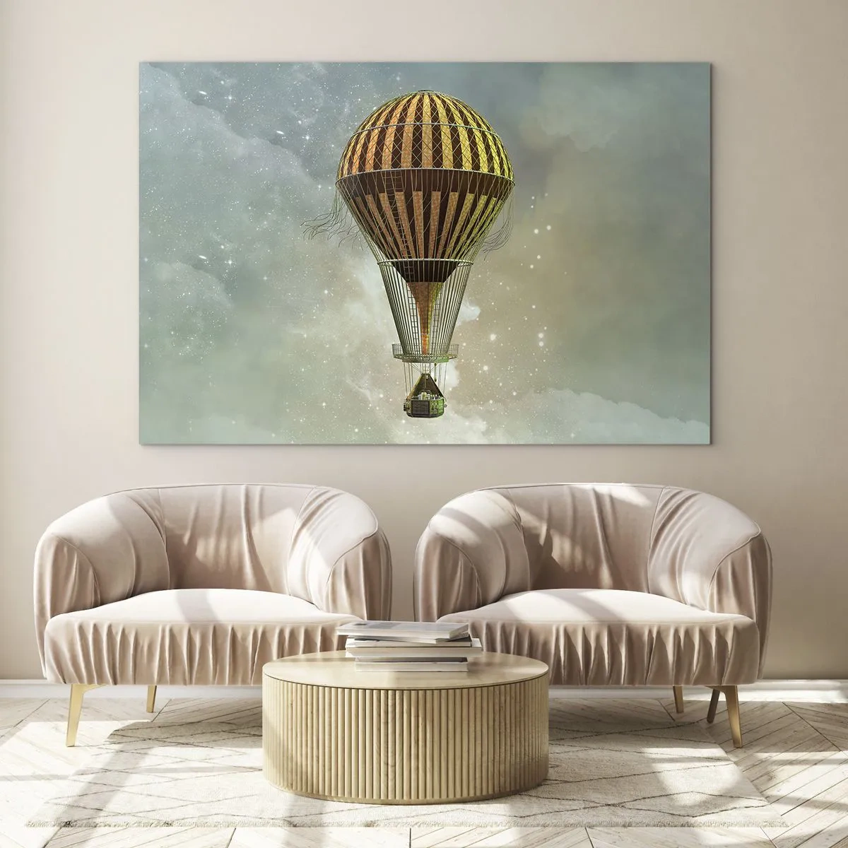 Impression sur verre - Image sur verre - Un ballon stylisé sur fond de ciel étoilé et de nuages. - 100x70cm - Vols pionniers - Décoration murale moderne pour le salon et la chambre ARTTOR