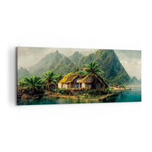 Impression sur toile - Image sur toile - Une île tropicale avec des palmiers et des montagnes en arrière-plan - 120x50cm - Paradis tropical - Décoration murale moderne pour le salon et la chambre ARTTOR