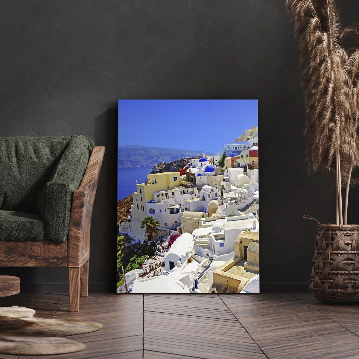 Impression sur toile - Image sur toile - Panorama de Santorin avec des maisons blanches et un ciel bleu - 70x100cm - Le rêve d'un été grec - Décoration murale moderne pour le salon et la chambre ARTTOR