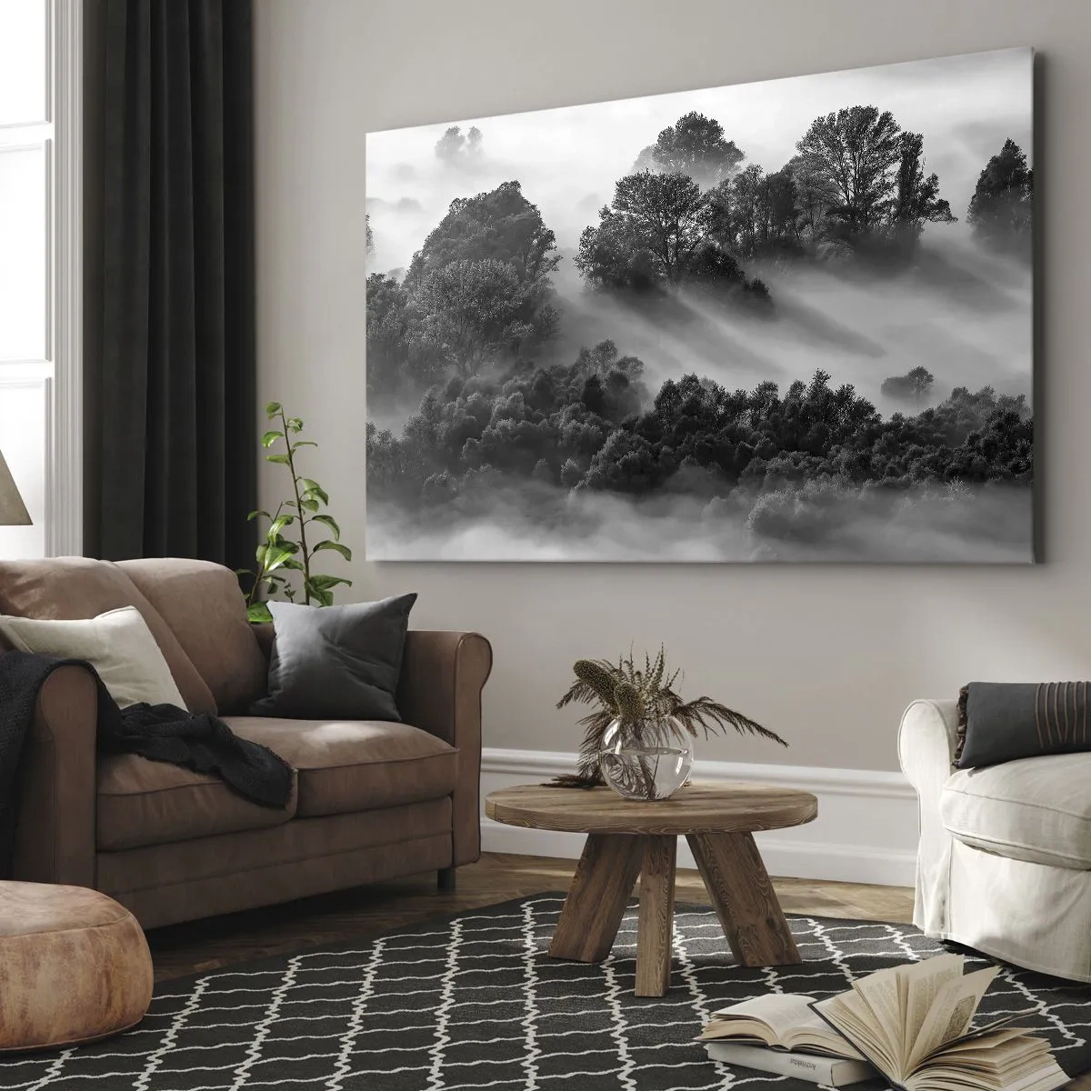 Impression sur toile - Image sur toile - Paysage forestier noir et blanc dans le brouillard du matin - 120x80cm - Sortir de son sommeil - Décoration murale moderne pour le salon et la chambre ARTTOR