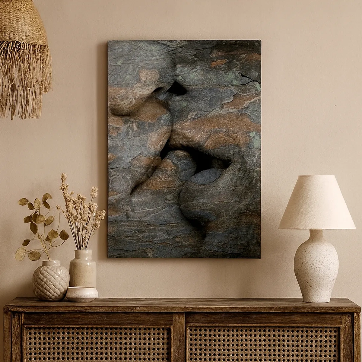 Impression sur toile - Image sur toile - Un motif artistique d'un visage sculpté dans la roche avec un effet de texture naturelle. - 50x70cm - Ensemble pour toujours - Décoration murale moderne pour le salon et la chambre ARTTOR