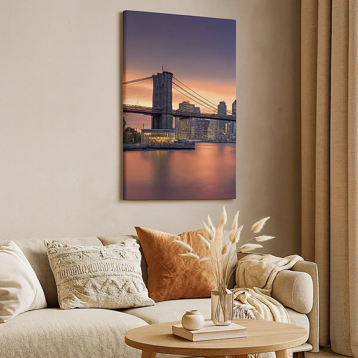 Impression sur toile - Image sur toile - Panorama nocturne de la ville avec un pont et un ciel illuminé - 50x70cm - Immergé dans le silence lilas - Décoration murale moderne pour le salon et la chambre ARTTOR