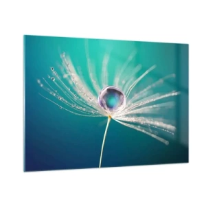 Impression sur verre - Image sur verre - Macrophotographie d'une graine de pissenlit avec une goutte de rosée sur un fond turquoise - 100x70cm - Moment mystique - Décoration murale moderne pour le salon et la chambre ARTTOR