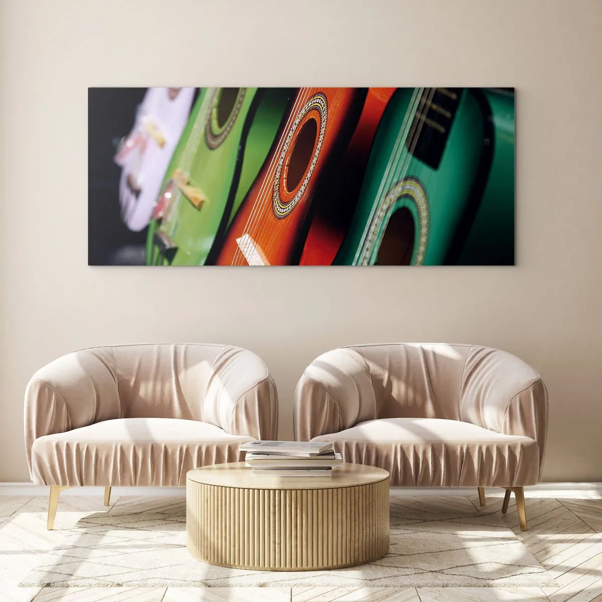 Impression sur verre - Image sur verre - Guitares colorées de différentes nuances disposées en rangée - 140x50cm - La guitare a plusieurs couleurs - Décoration murale moderne pour le salon et la chambre ARTTOR
