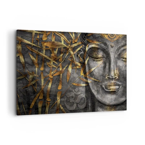 Impression sur toile - Image sur toile - Image de Bouddha zen avec des bambous dorés - 120x80cm - Ressentir le calme - Décoration murale moderne pour le salon et la chambre ARTTOR