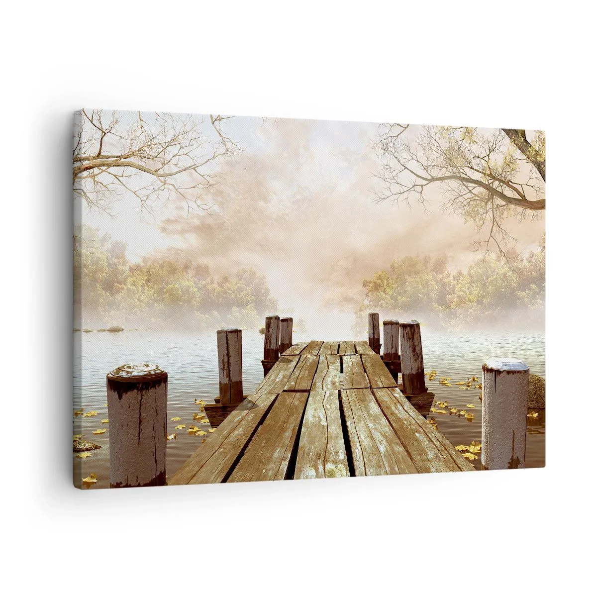 Impression sur toile - Image sur toile - Une jetée en bois menant à un lac calme dans la brume matinale - 70x50cm - La douce tristesse de l'automne - Décoration murale moderne pour le salon et la chambre ARTTOR