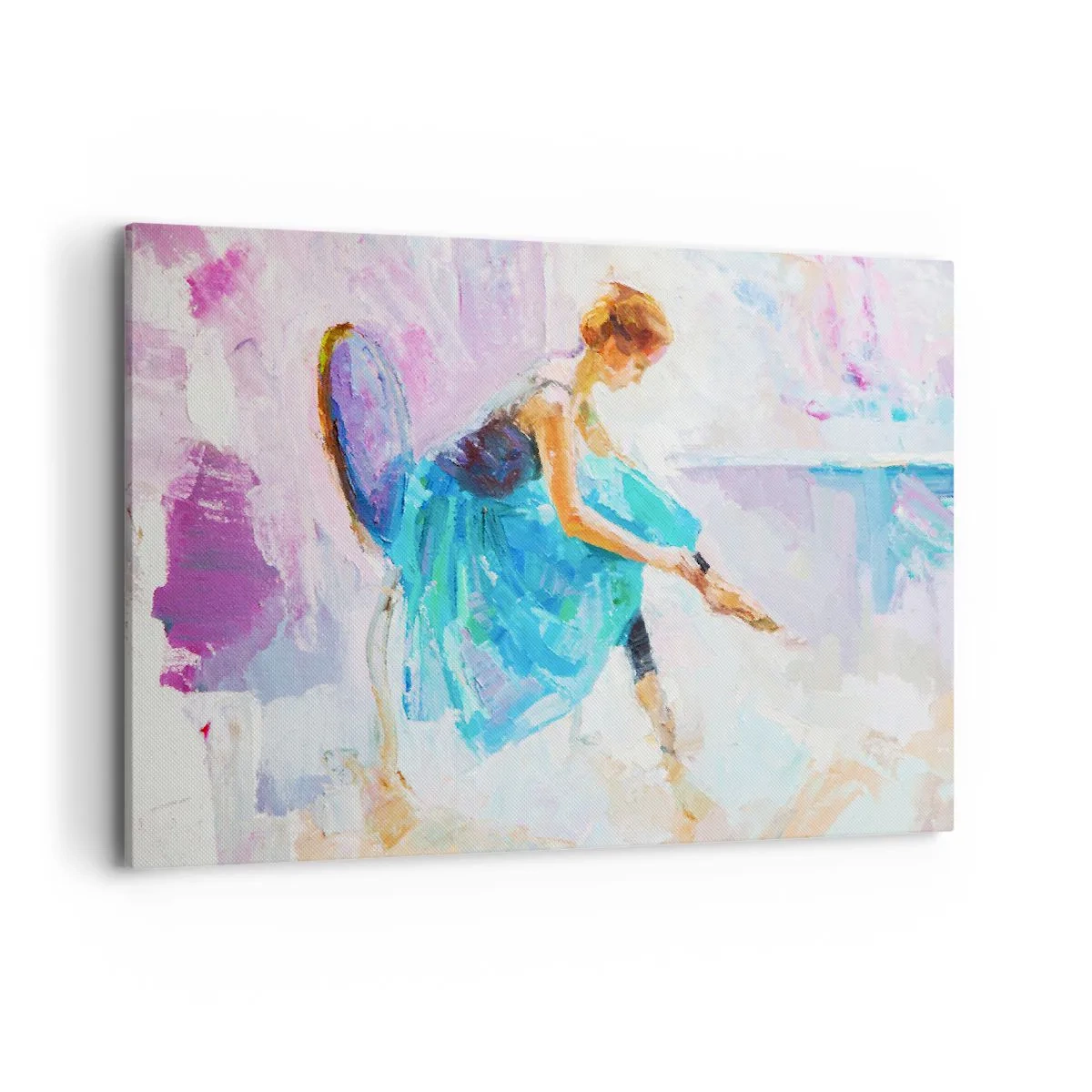 Impression sur toile - Image sur toile - Une ballerine se prépare à danser dans des tons pastel. - 120x80cm - Grâce ineffable, charme subtil - Décoration murale moderne pour le salon et la chambre ARTTOR