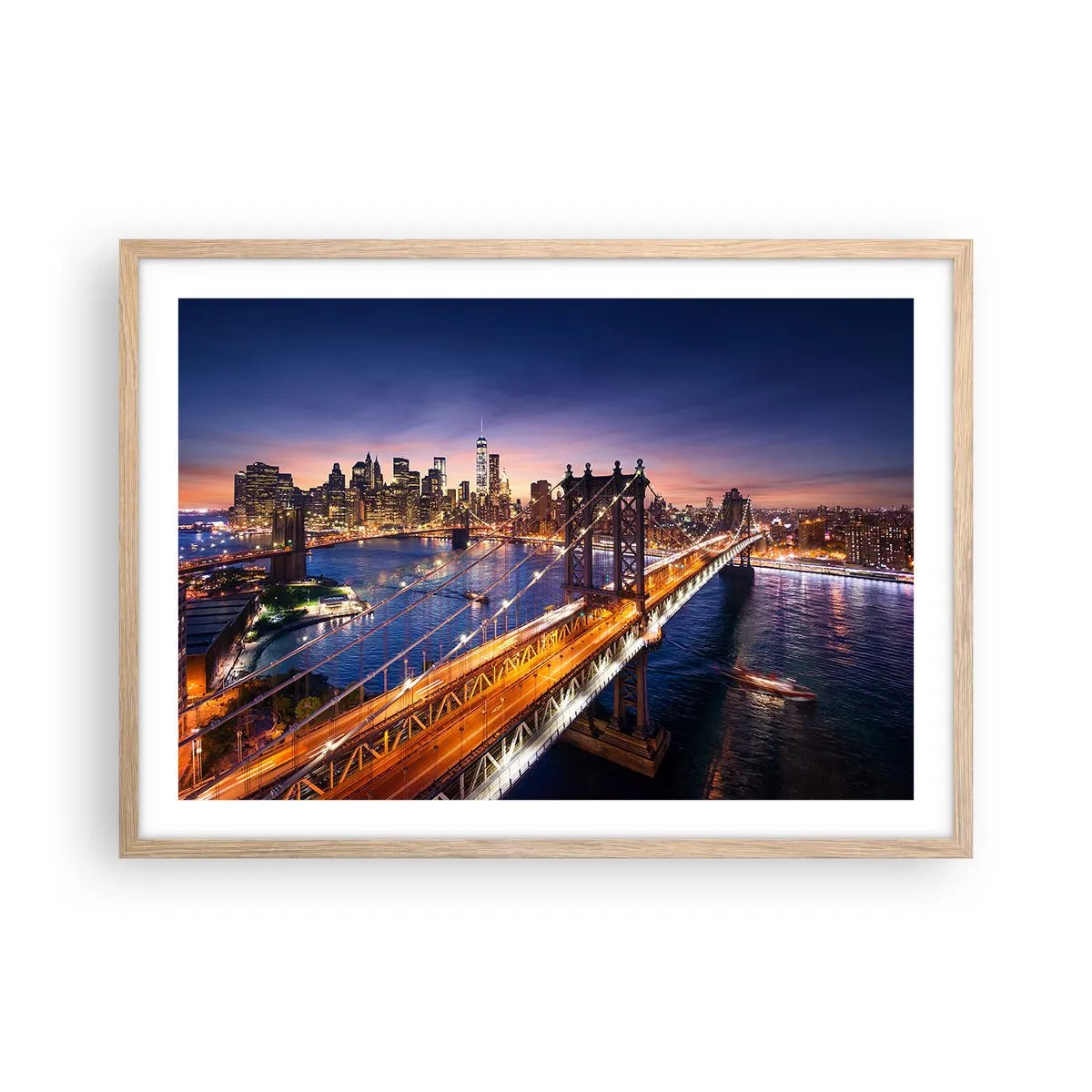 Affiche dans un chêne clair - Poster - Un pont lumineux au cœur de la ville - 70x50 cm
