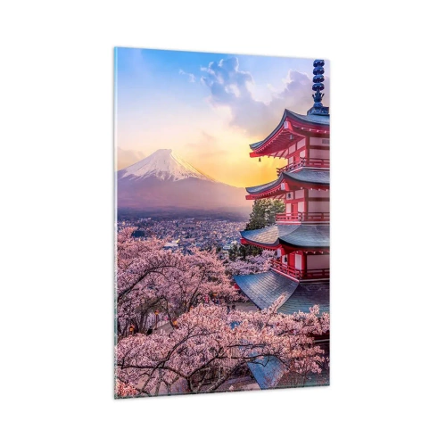 Impression sur verre - Image sur verre - Une pagode au Japon avec des cerisiers en fleurs et le mont Fuji - 80x120cm - Essence d'âme japonnaise - Décoration murale moderne pour le salon et la chambre ARTTOR
