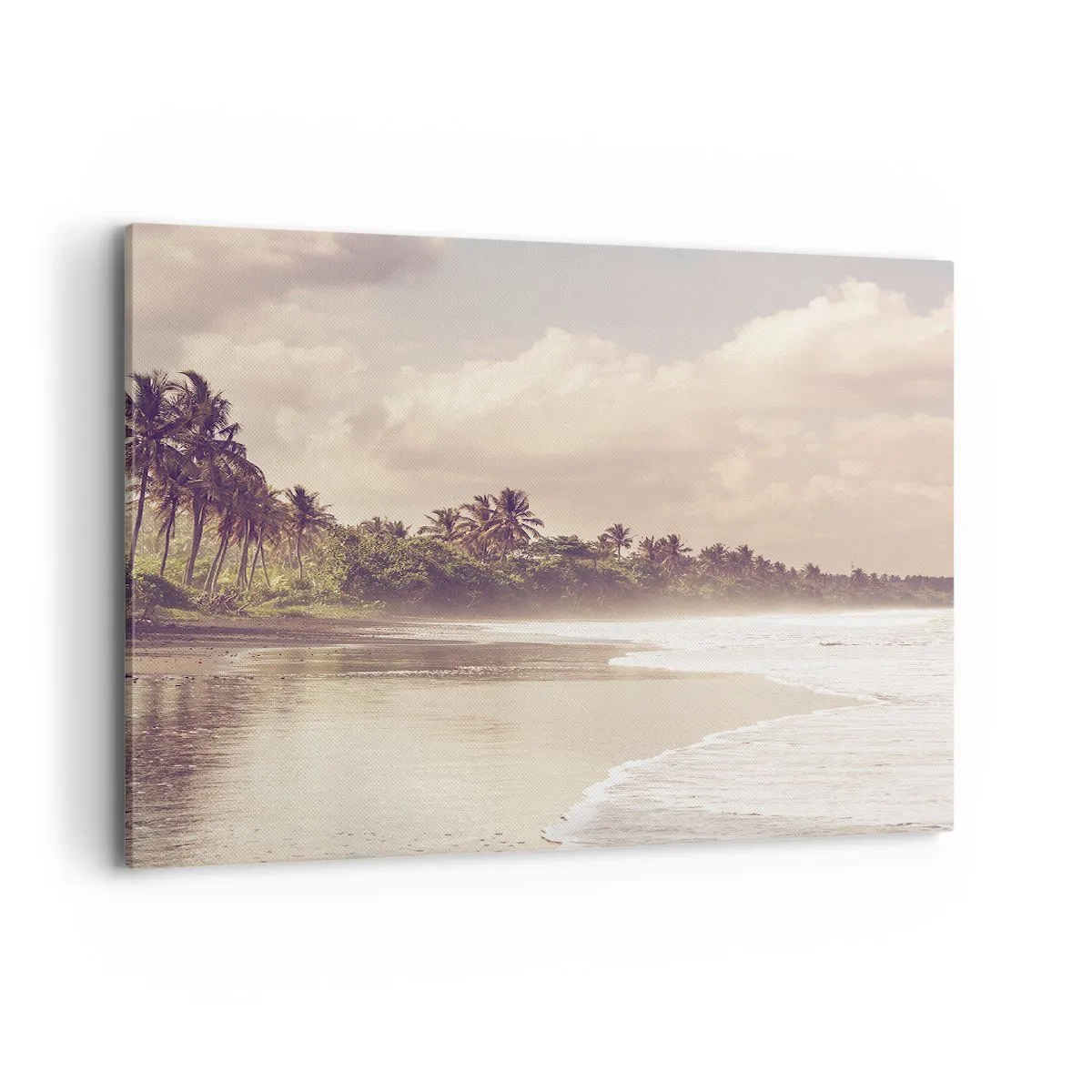 Impression sur toile - Image sur toile - Une plage avec des palmiers et des vagues douces le matin - 100x70cm - La caresse des vagues - Décoration murale moderne pour le salon et la chambre ARTTOR