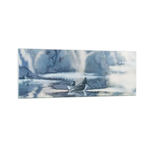 Impression sur verre - Image sur verre - Paysage à l'aquarelle avec des bateaux sur un lac entouré d'une forêt brumeuse - 140x50cm - Les pêcheurs dans leur paradis - Décoration murale moderne pour le salon et la chambre ARTTOR