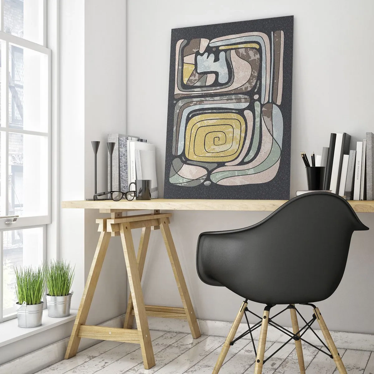 Impression sur verre - Image sur verre - Abstraction géométrique dans des tons terreux sur fond noir - 50x70cm - L'abstraction dans l'esprit précolombien - Décoration murale moderne pour le salon et la chambre ARTTOR
