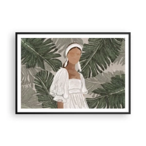Affiche dans un cadre noir - Poster - Portrait d'une femme en robe blanche sur fond de feuilles de monstera - 100x70cm - Portrait exotique - Décoration murale moderne pour le salon et la chambre ARTTOR