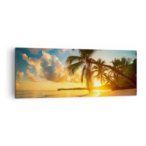 Impression sur toile - Image sur toile - Plage au coucher du soleil avec des palmiers au bord de la mer - 140x50cm - Rêve caribéen - Décoration murale moderne pour le salon et la chambre ARTTOR