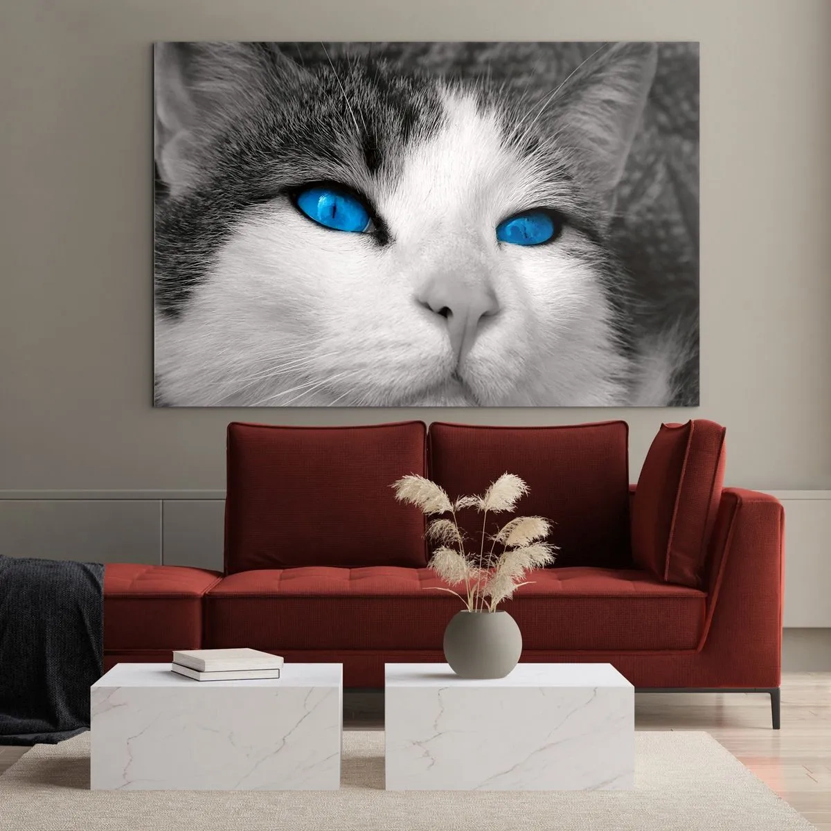 Impression sur verre - Image sur verre - Une photo en noir et blanc d'un chat aux yeux bleus intenses. - 70x50cm - Yeux bleus inhabituels - Décoration murale moderne pour le salon et la chambre ARTTOR
