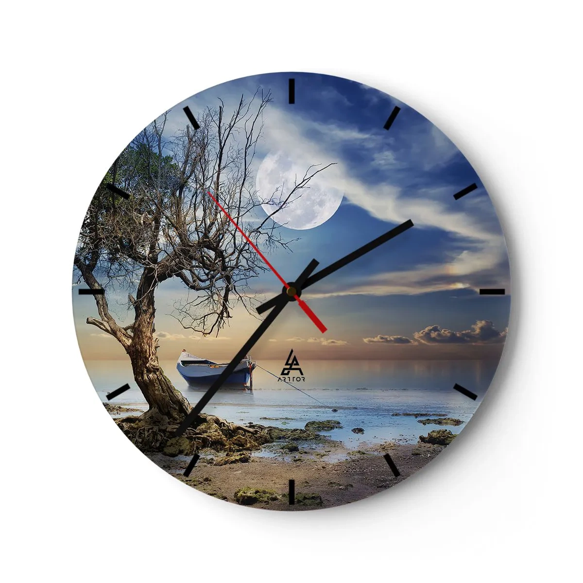 Horloge murale - Pendule murale - Un bateau au bord de la mer avec la lune en arrière-plan - 30x30cm - Est-ce la fin ou le début ? - Décoration murale moderne pour le salon, la cuisine et la chambre ARTTOR