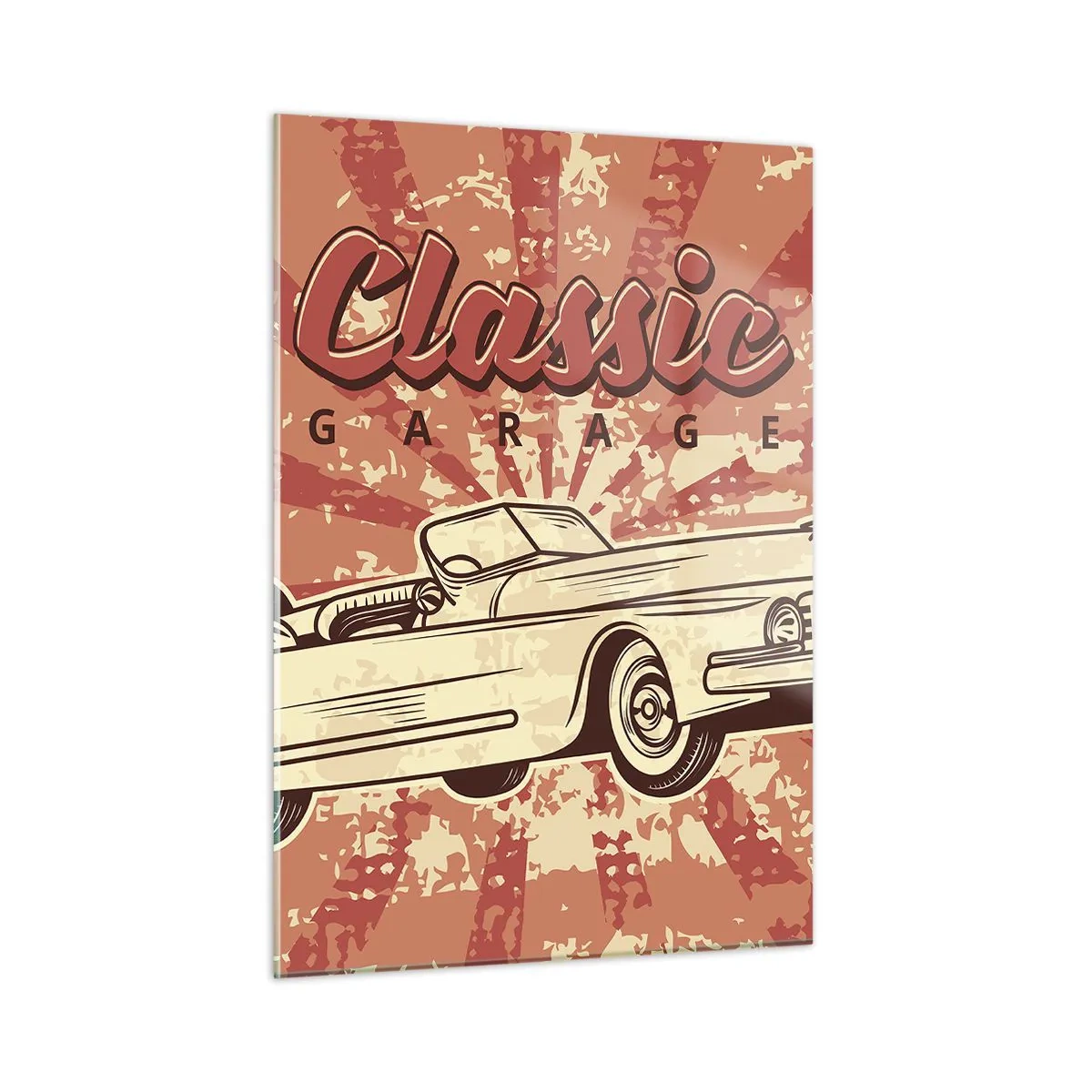 Impression sur verre - Image sur verre - Graphique rétro d'une voiture classique sur fond de rayons - 50x70cm - Et à la radio, Elvis - Décoration murale moderne pour le salon et la chambre ARTTOR