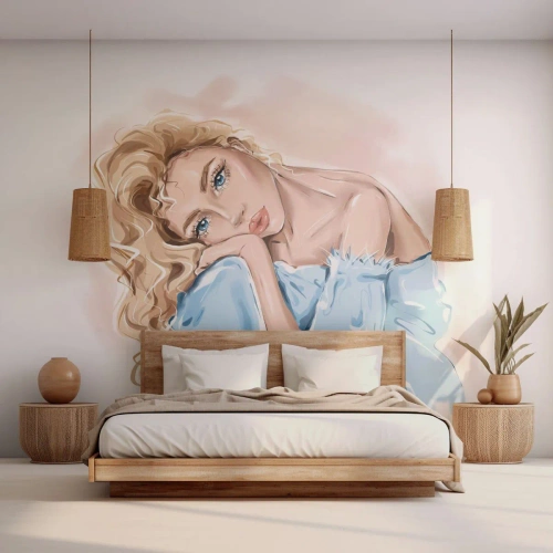 Papier peint sur mesure Premium Sand - Rêveuse en bleu - Femme, Mode, Graphique