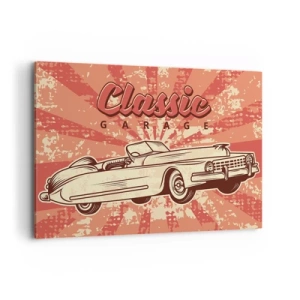 Impression sur toile - Image sur toile - Affiche rétro avec une voiture classique et les mots Classic Garage - 100x70cm - Et à la radio, Elvis - Décoration murale moderne pour le salon et la chambre ARTTOR