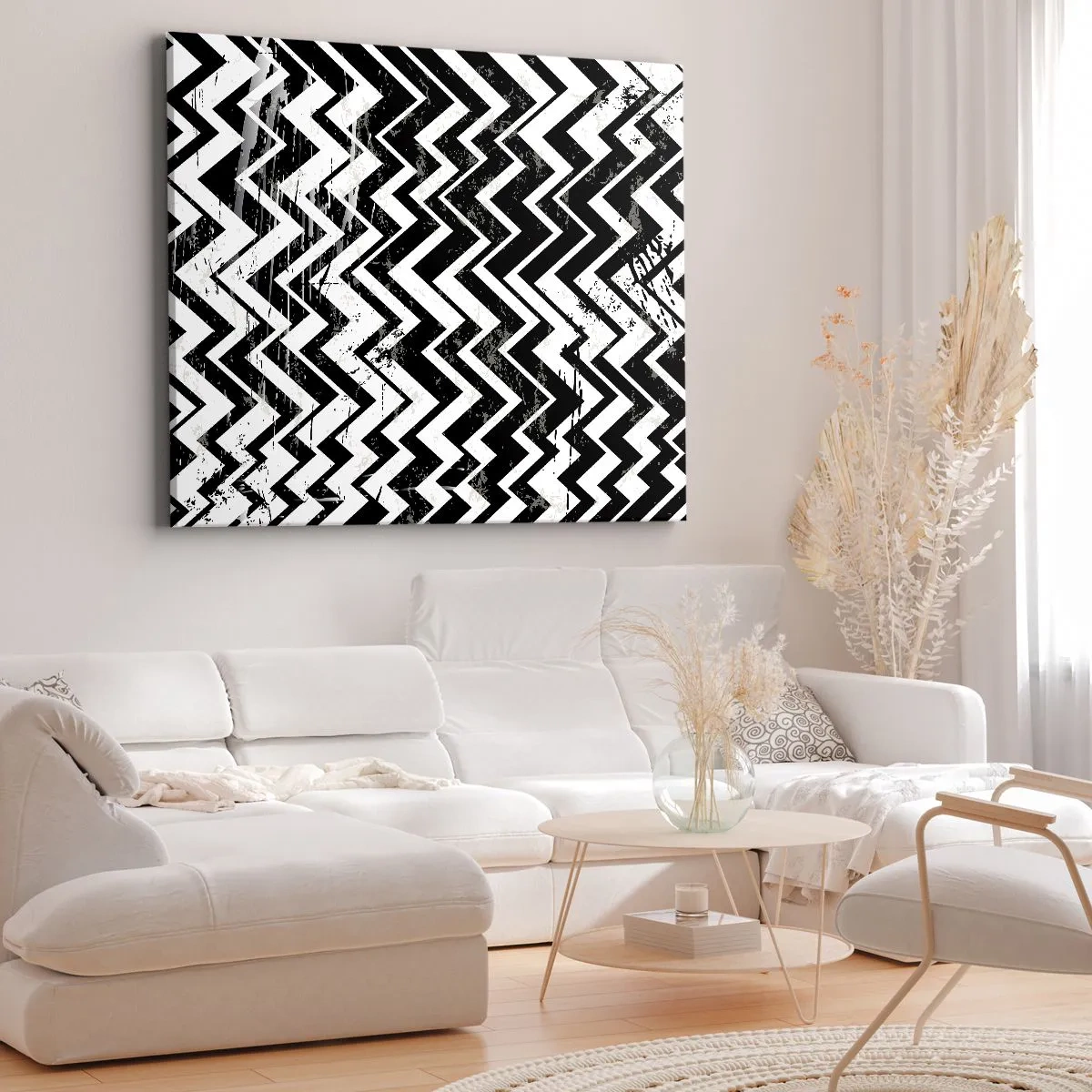 Impression sur toile - Image sur toile - Motif en zigzag noir et blanc avec abrasions artistiques - 120x80cm - Zig-blanc, zag-noir - Décoration murale moderne pour le salon et la chambre ARTTOR