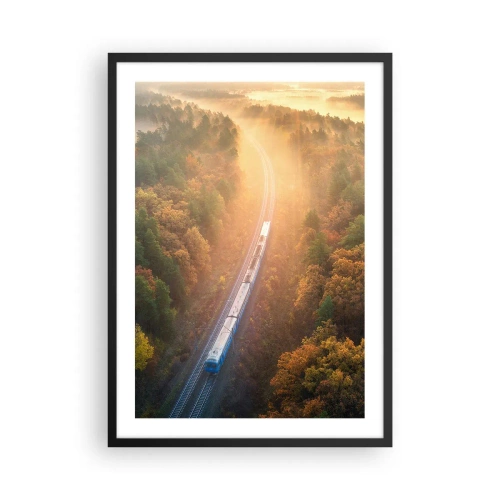 Affiche dans un cadre noir - Poster - Un train traversant une forêt d'automne sous les rayons du soleil levant - 50x70cm - Voyage printannier - Décoration murale moderne pour le salon et la chambre ARTTOR