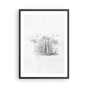 Affiche dans un cadre noir - Poster - Un croquis d'une forêt de bouleaux dans des tons subtils de noir et blanc. - 50x70cm - Lumière d'une forêt de bouleaux - Décoration murale moderne pour le salon et la chambre ARTTOR