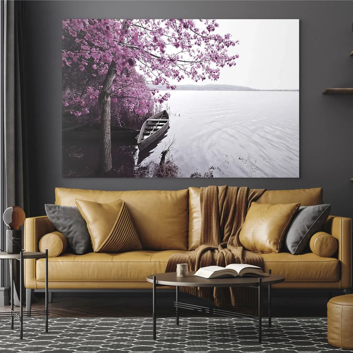 Impression sur verre - Image sur verre - Un bateau au bord de l'eau avec un arbre rose au-dessus de l'eau - 120x80cm - Dans un silence rose - Décoration murale moderne pour le salon et la chambre ARTTOR