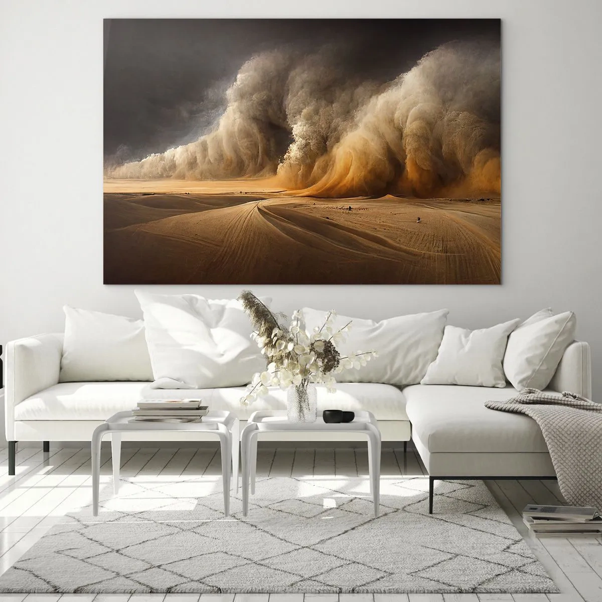 Impression sur verre - Image sur verre - Une tempête de sable sur le désert sous une lumière dramatique - 100x70cm - La colère du désert - Décoration murale moderne pour le salon et la chambre ARTTOR