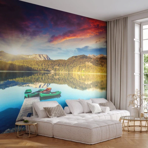 Papier Peint Autocollant Deluxe Sticker - Aussi lisse qu'un miroir au-dessus de l'eau - Paysage, Montagnes, Forêt - 100x70 cm