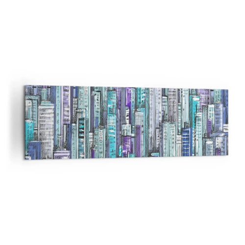 Impression sur toile - Image sur toile - Illustration d'une ville avec des bâtiments géométriques dans des tons de bleu et de violet. - 160x50cm - Bleuâtre avec le ciel - Décoration murale moderne pour le salon et la chambre ARTTOR