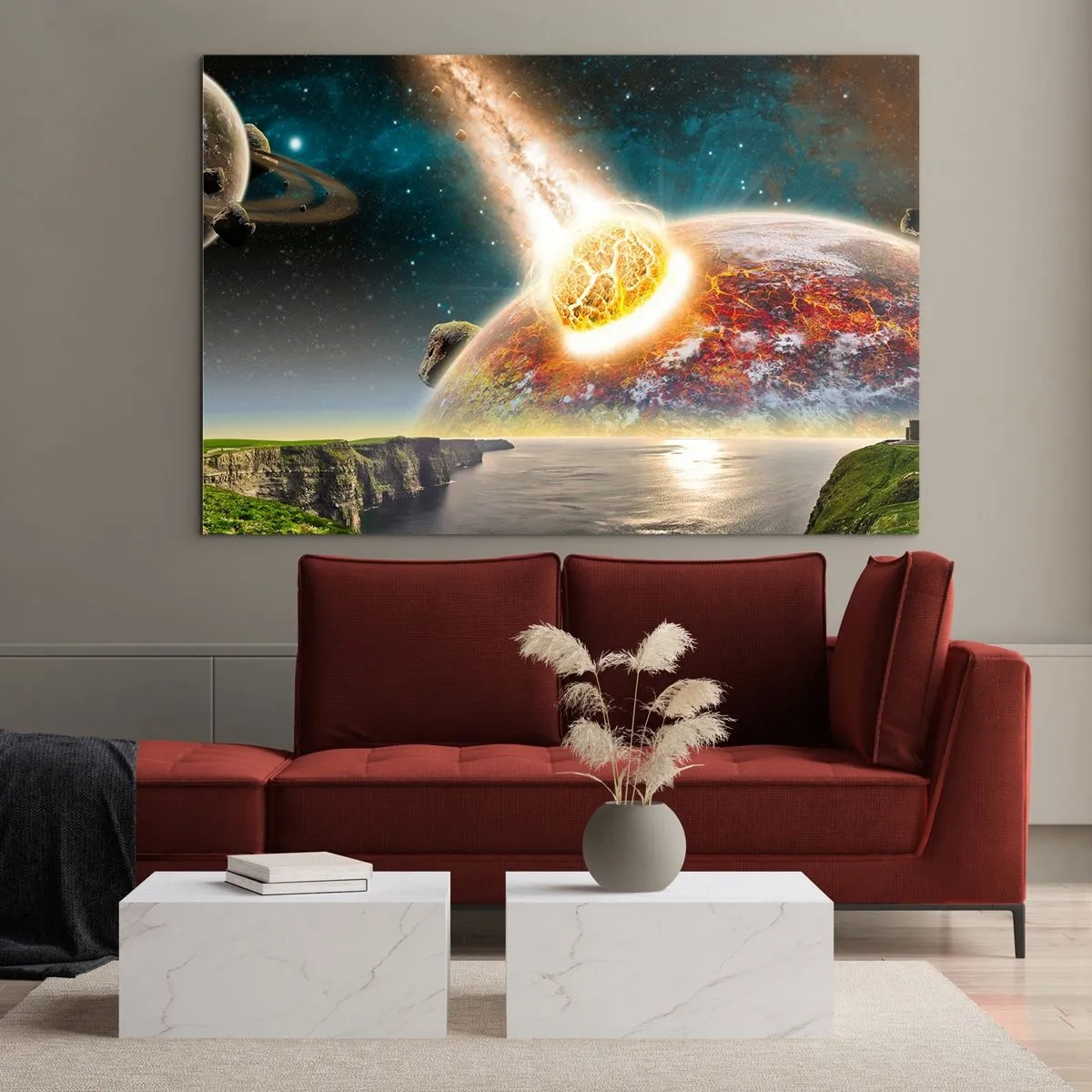 Impression sur verre - Image sur verre - Une météorite entre en collision avec une planète dans l'espace. - 100x70cm - Drame spatial - Décoration murale moderne pour le salon et la chambre ARTTOR