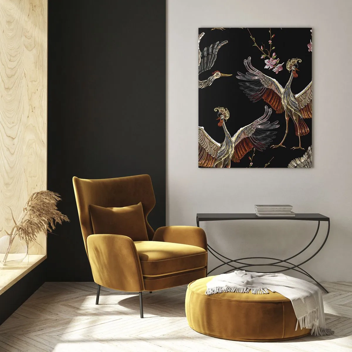 Impression sur verre - Image sur verre - Grues et fleurs élégantes sur fond noir - 70x100cm - Un oiseau de conte de fées - Décoration murale moderne pour le salon et la chambre ARTTOR