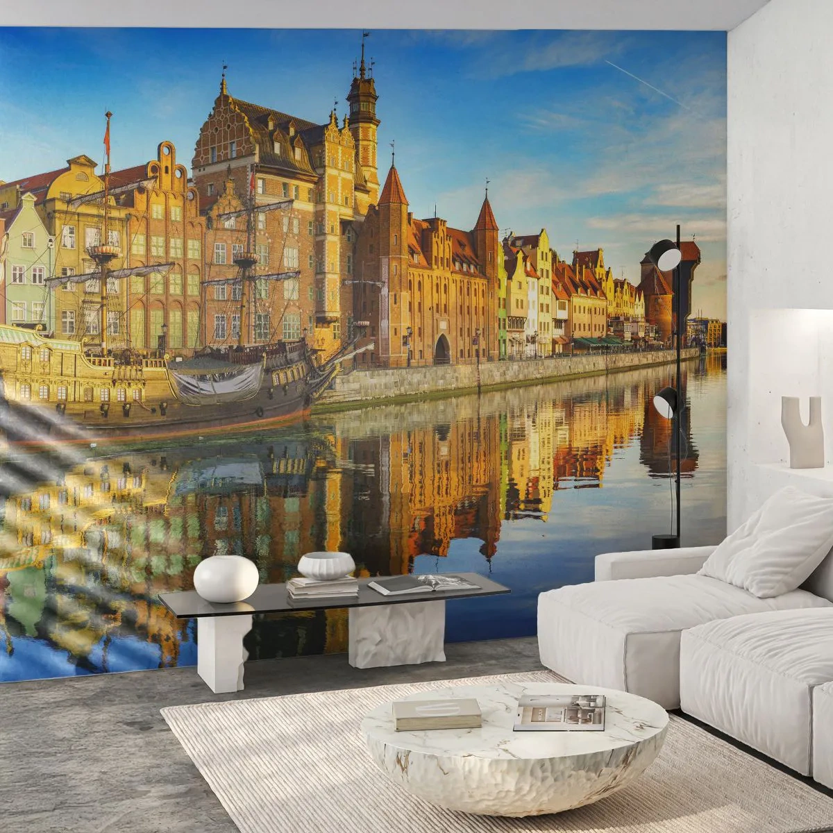 Papier Peint Photo Standard Eco - Bâtiments historiques au bord de l'eau avec un reflet dans la surface de la rivière - 100x70cm - Reflet dans le miroir du passé - Décoration murale moderne pour le salon et la chambre ARTTOR