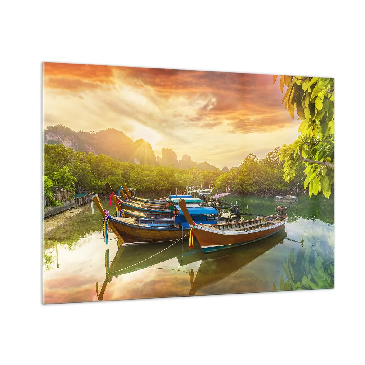Impression sur verre - Image sur verre - Bateaux traditionnels dans un paysage tropical au coucher du soleil - 100x70cm - Avant une journée chargée - Décoration murale moderne pour le salon et la chambre ARTTOR