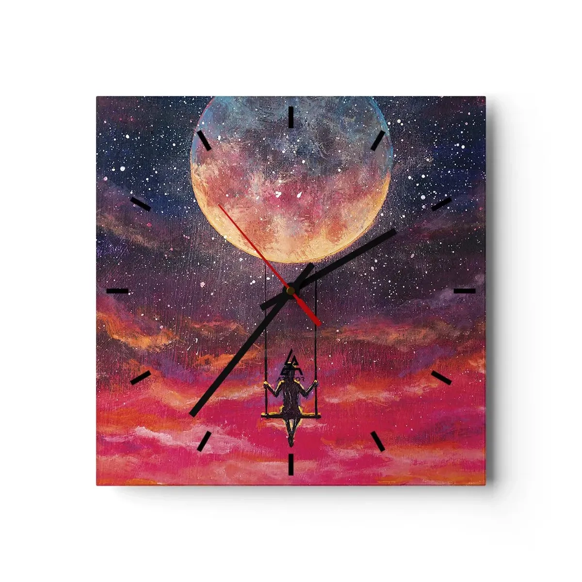 Horloge murale - Pendule murale - Une silhouette sur une balançoire suspendue contre la lune - 30x30cm - Se balancer dans les nuages - Décoration murale moderne pour le salon et la chambre ARTTOR