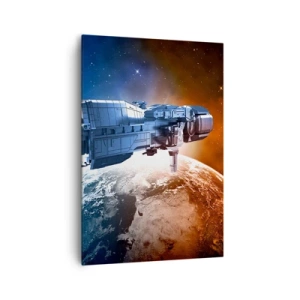 Impression sur toile - Image sur toile - Un vaisseau spatial avec en arrière-plan une planète dans l'espace - 70x100cm - Un observateur attentif - Décoration murale moderne pour le salon et la chambre ARTTOR