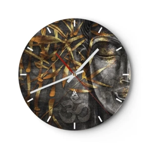 Horloge murale - Pendule murale - Image de Bouddha dorée avec motif en bambou et symbole Om - 30x30cm - Ressentir le calme - Décoration murale moderne pour le salon, la cuisine et la chambre ARTTOR
