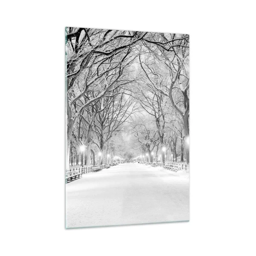 Impression sur verre - Image sur verre - Une allée d'hiver avec des arbres enneigés en monochrome - 70x100cm - Les quatres saisons – l’hiver - Décoration murale moderne pour le salon et la chambre ARTTOR