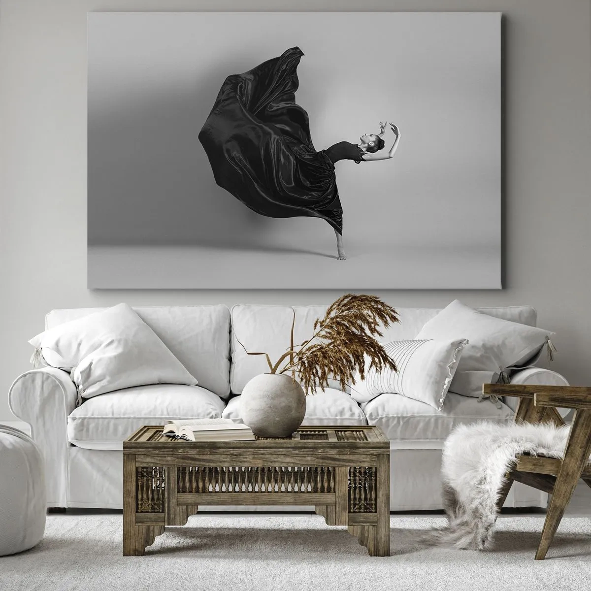 Impression sur toile - Image sur toile - Une danseuse élégante en robe noire en mouvement - 100x70cm - Musique ailées - Décoration murale moderne pour le salon et la chambre ARTTOR