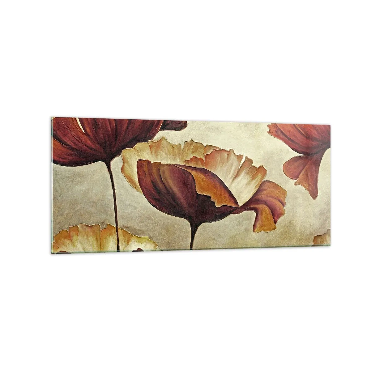 Impression sur verre - Image sur verre - Fleurs subtiles dans des tons de rouge et d'or sur un fond clair - 120x50cm - À la lisière des champs - Décoration murale moderne pour le salon et la chambre ARTTOR