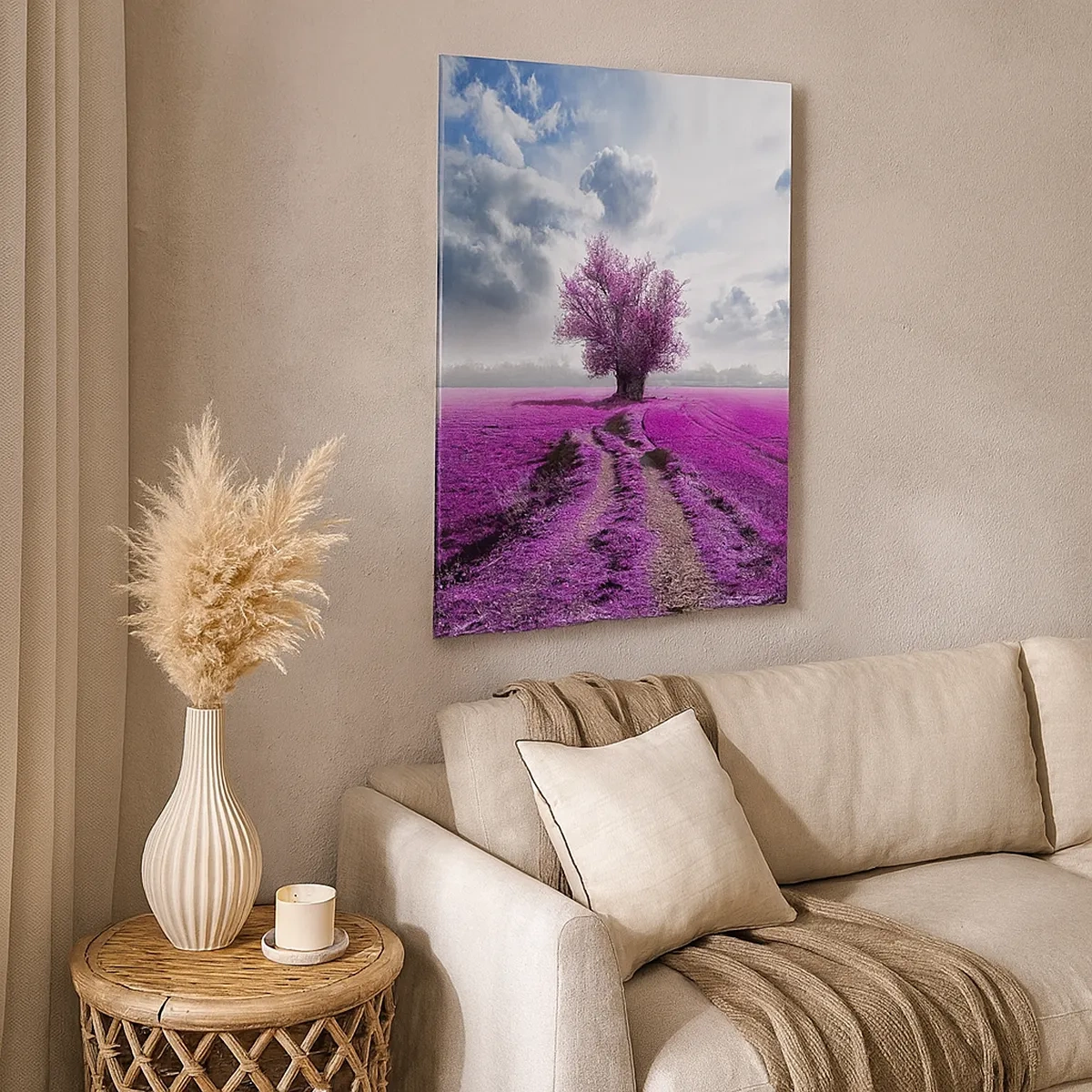 Impression sur toile - Image sur toile - Un arbre solitaire dans un champ dans une nuance de rose intense - 50x70cm - Lande - nature sauvage - Décoration murale moderne pour le salon et la chambre ARTTOR