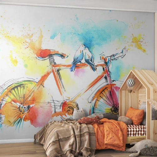 Papier Peint Photo Premium Sand - Vélo de style aquarelle coloré avec des oiseaux - 100x70cm - À deux en vélo - Décoration murale moderne pour le salon et la chambre ARTTOR