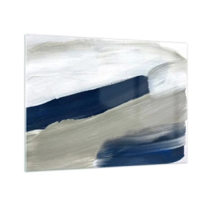 Impression sur verre - Image sur verre - Abstraction minimaliste avec des traits dynamiques de blanc, bleu marine et gris. - 70x50cm - Rencontre avec la blancheur - Décoration murale moderne pour le salon et la chambre ARTTOR