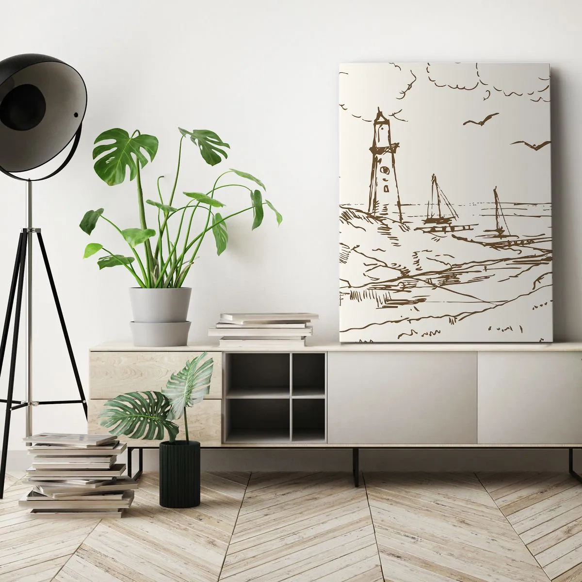 Impression sur toile - Image sur toile - Croquis d'un phare surplombant la mer - 70x100cm - Esquisse de souvenirs d'été - Décoration murale moderne pour le salon et la chambre ARTTOR