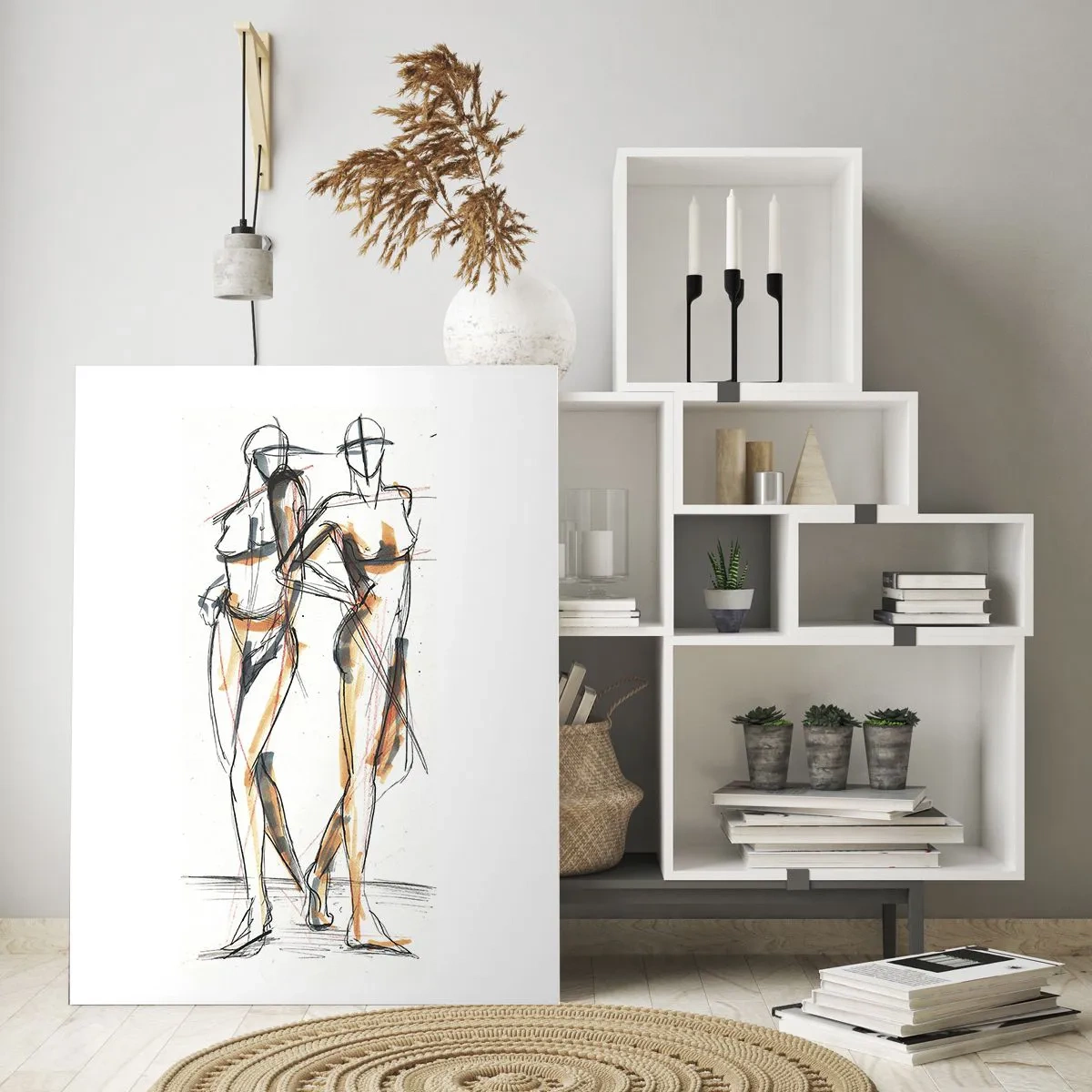 Impression sur verre - Image sur verre - Croquis artistique de deux silhouettes sur fond blanc - 80x120cm - Étude de la grâce - Décoration murale moderne pour le salon et la chambre ARTTOR